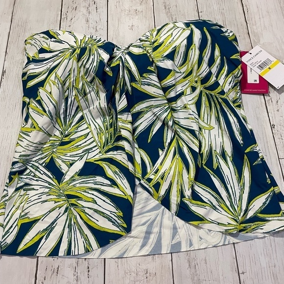 Vince Camuto BLUE MULTI Draped Bandini Swim Top M flowy figure flatering boho - Picture 2 of 5